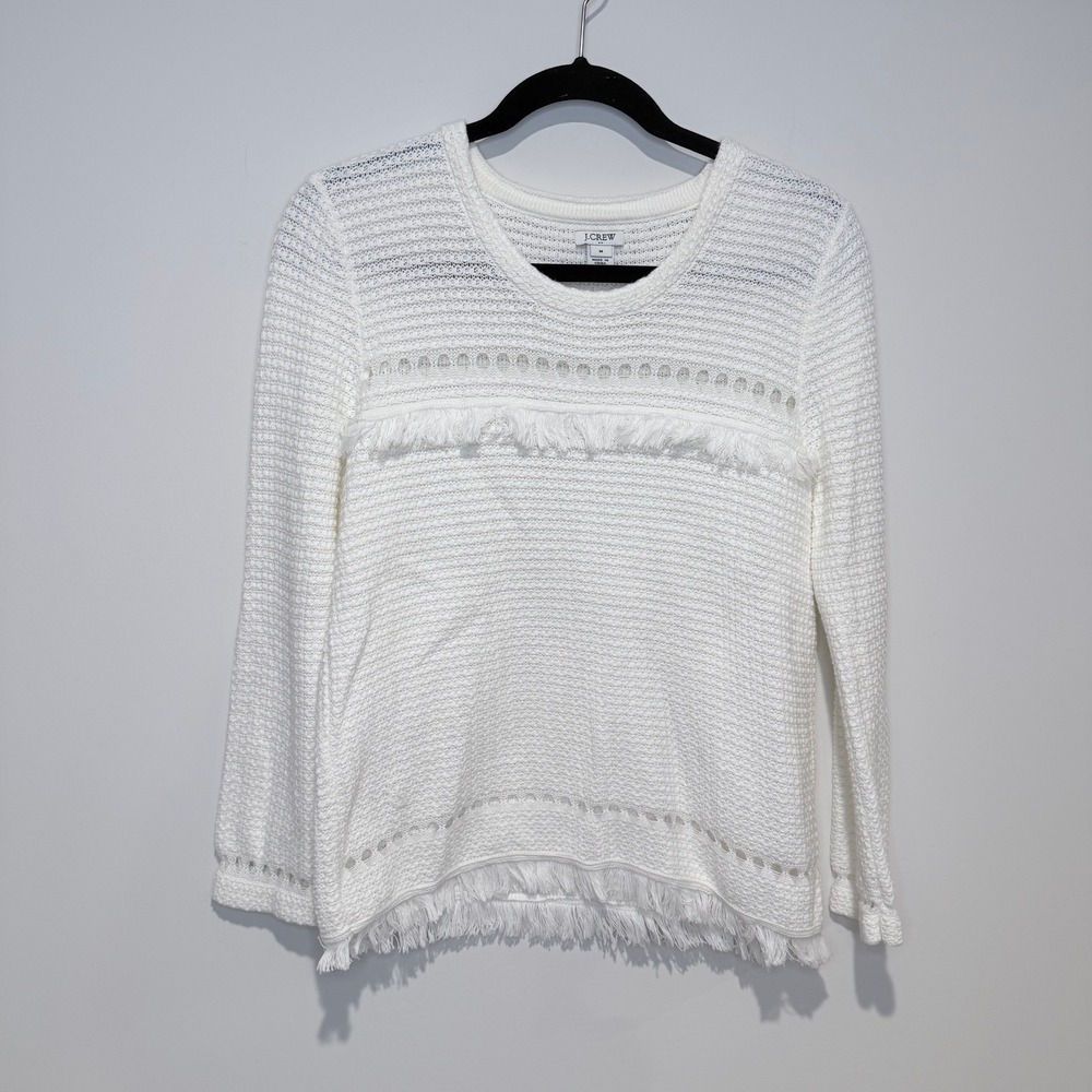 J CREW Textured Knit Sweater Fringe Detail Long Sleeve White Women's M